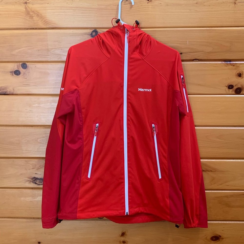 Marmot Red Hooded Softshell Jacket with White Zippers